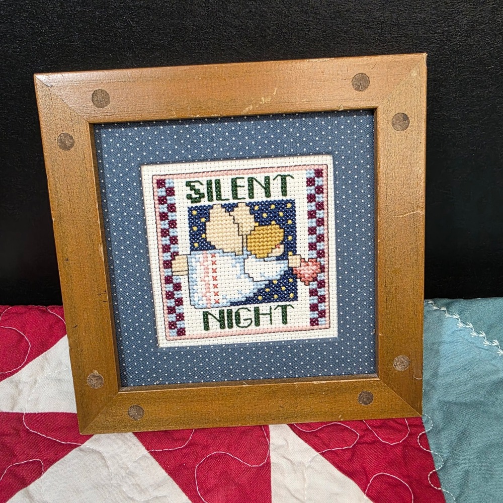 Framed Cross Stitch Folk Art‎ Silent Night Angel Wood Frame Cottagecore Handmade